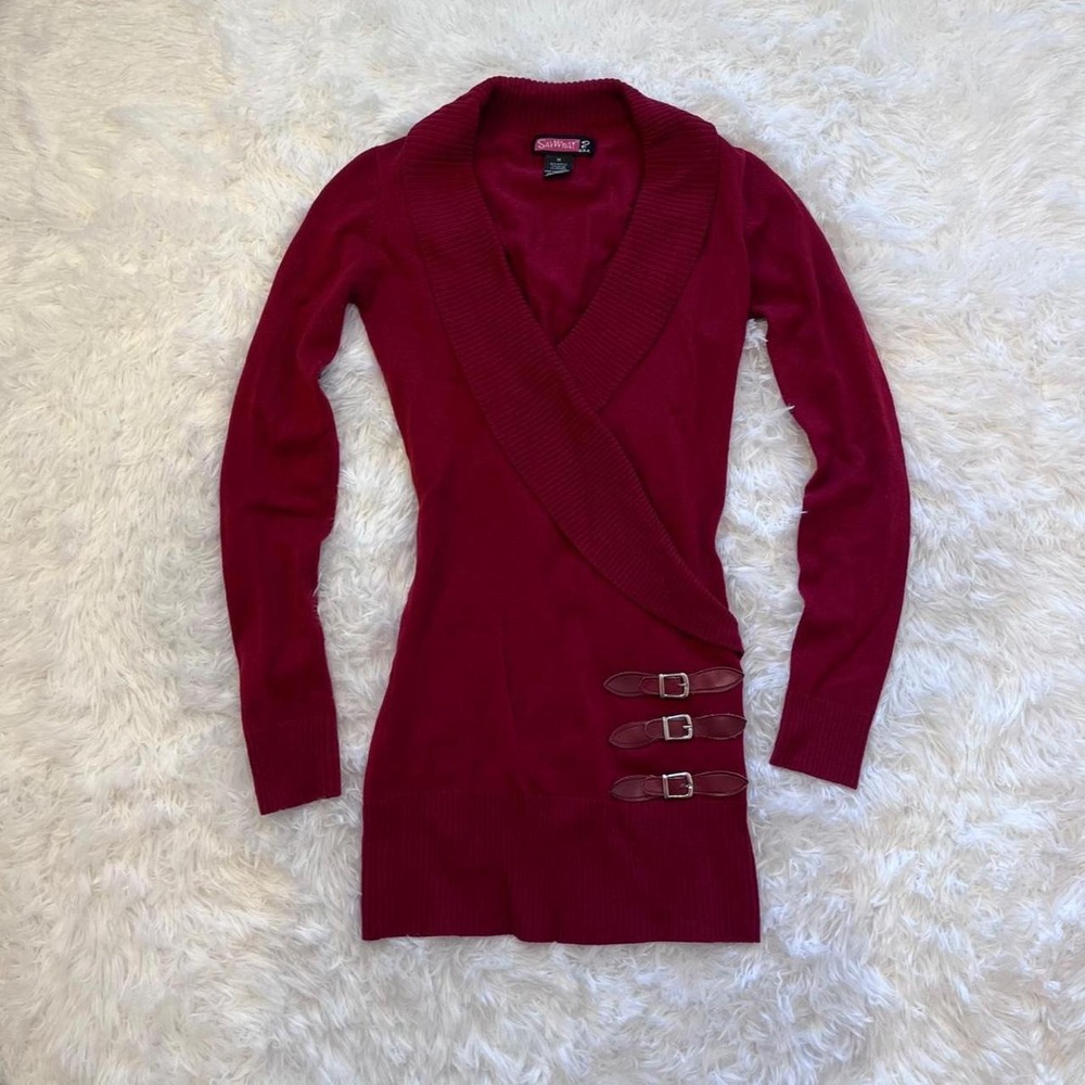 Y2K Burgundy Red Triple Buckle Sweater Mini Dress Medium
